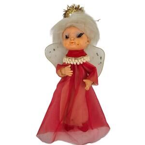 Vintage 1950's White Haired Pixie Angel Red Gown Christmas Ornament Taiwan Rare